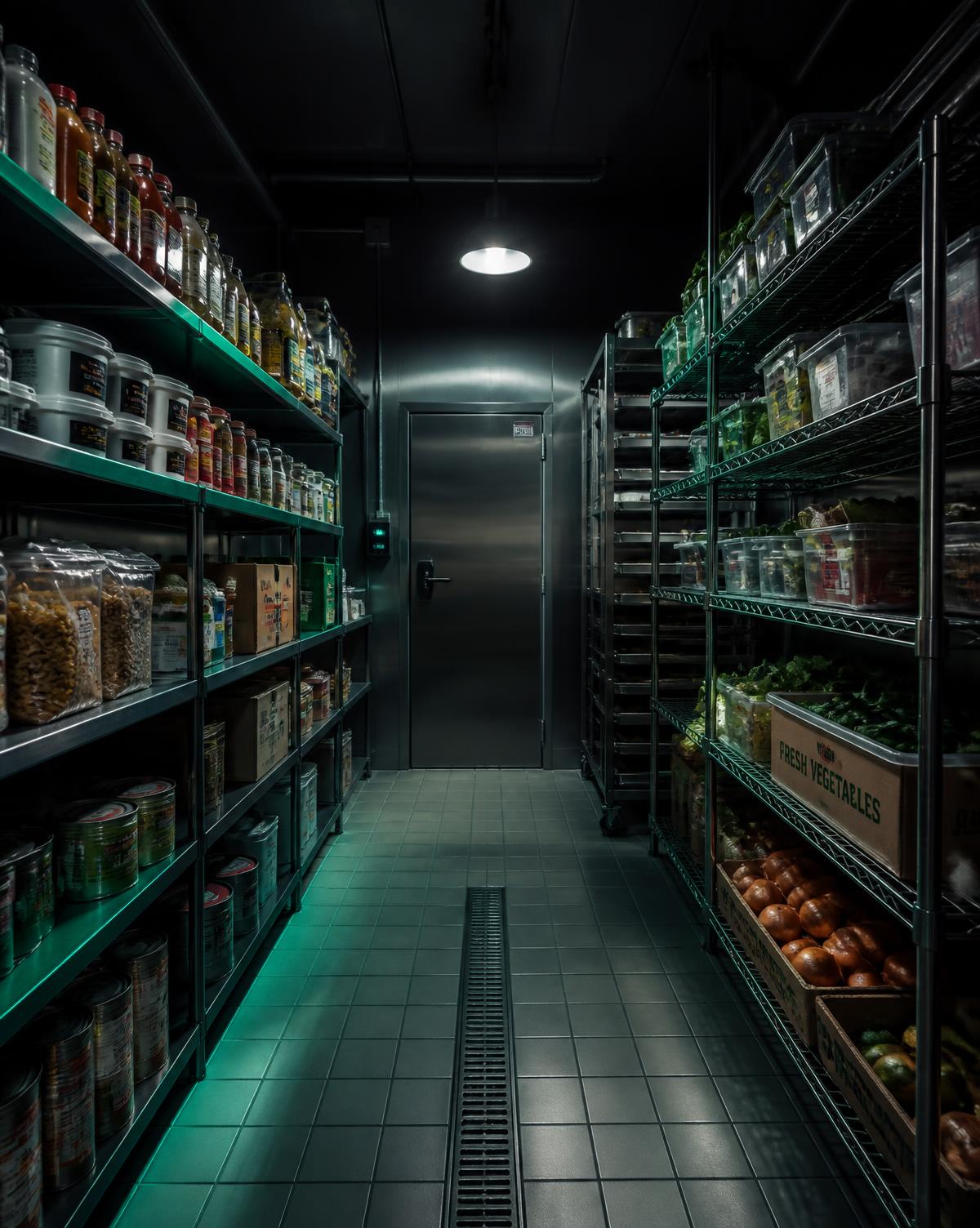 Estoque de restaurante organizado com insumos categorizados